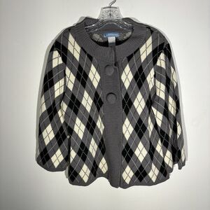 Vintage Classic Elements Argyle Plaid Sweater Size Large Grey Cream And Black